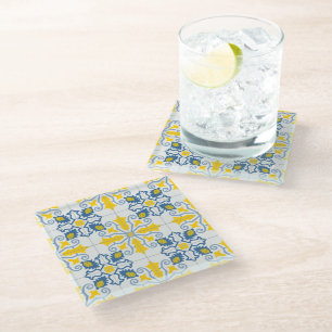 Dessous-de-verre En Verre Motif de carreaux portugais jolis bleu et jaune
