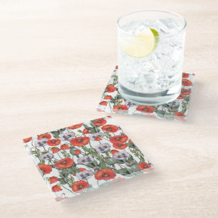 Dessous-de-verre En Verre Motif de coquelicots rouges et violets