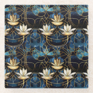 Dessous-de-verre En Verre Motif de faux vitrail élégant en lotus doré