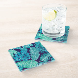 Dessous-de-verre En Verre Motif de feuilles bleues vertes tropicales