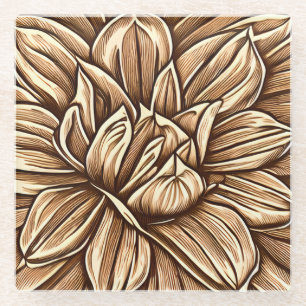 Dessous-de-verre En Verre Motif de fleur de pivoine géante marron et beige