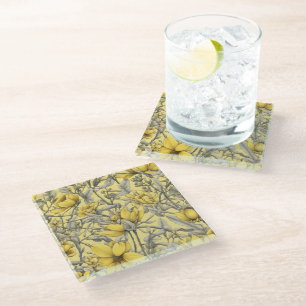 Dessous-de-verre En Verre Motif de fleurs botaniques jaunes