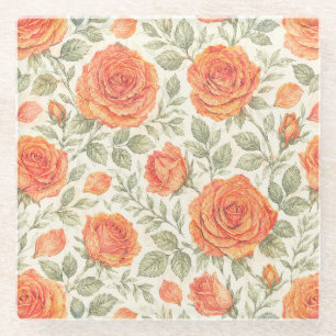 Dessous-de-verre En Verre Motif de jardin Rose Corail et Sauge