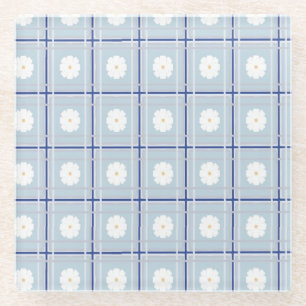 Dessous-de-verre En Verre Motif de marguerite à carreaux bleus