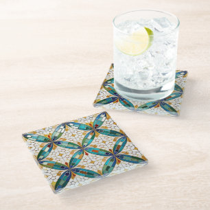 Dessous-de-verre En Verre Motif de mosaïque géométrique n° 5 Turquoise blanc