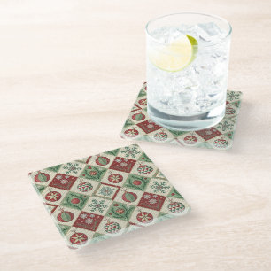 Dessous-de-verre En Verre Motif de Noël brodé et patchwork vintage