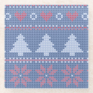 Dessous-de-verre En Verre Motif de tricot de Noël Bleu