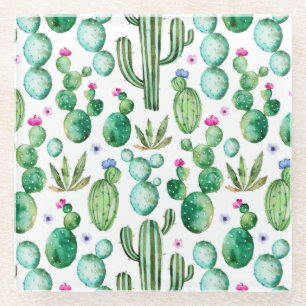 Dessous-de-verre En Verre Motif d'usines de cactus d'aquarelle