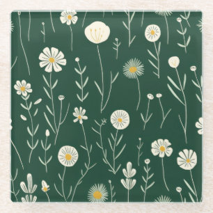 Dessous-de-verre En Verre Motif élégant de fleurs sauvages sur fond vert fon