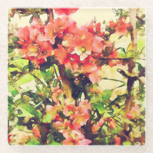Dessous-de-verre En Verre Motif floral aquarelle rose rouge 1