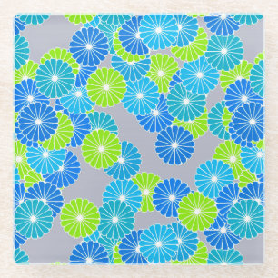 Dessous-de-verre En Verre Motif floral Art Déco - bleu et vert citron