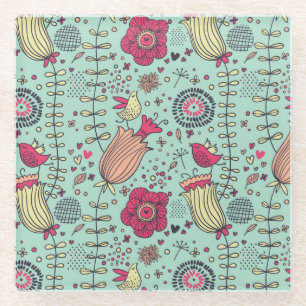 Dessous-de-verre En Verre Motif floral de bande dessinée avec des oiseaux