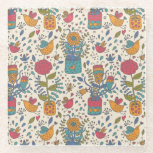 Dessous-de-verre En Verre Motif floral de bande dessinée avec les oiseaux 2