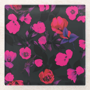 Dessous-de-verre En Verre Motif grand vintage fleuri, tulipes stylisées.