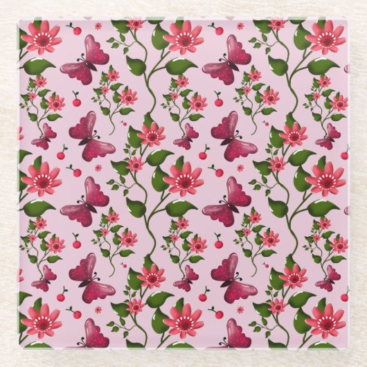 Dessous-de-verre En Verre Motif joli papillon Cerise, Fruit Kawaii brillant (Devant)