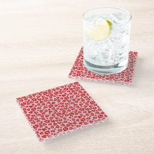 Dessous-de-verre En Verre Motif Léopard de Cœurs en Rouge sur Fond Rose