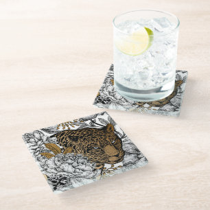 Dessous-de-verre En Verre Motif Leopard & Peonies