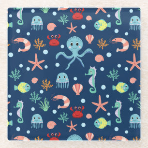 Dessous-de-verre En Verre Motif mignon de vie marine de l'océan
