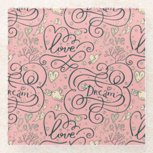 Dessous-de-verre En Verre Motif romantique avec des coeurs et des oiseaux