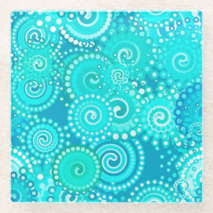 Dessous-de-verre En Verre Motif tourbillon fractal, teintes turquoise