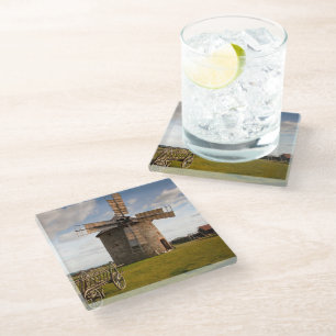 Dessous-de-verre En Verre Moulin à vent en vert et nuages blancs et ciel bl