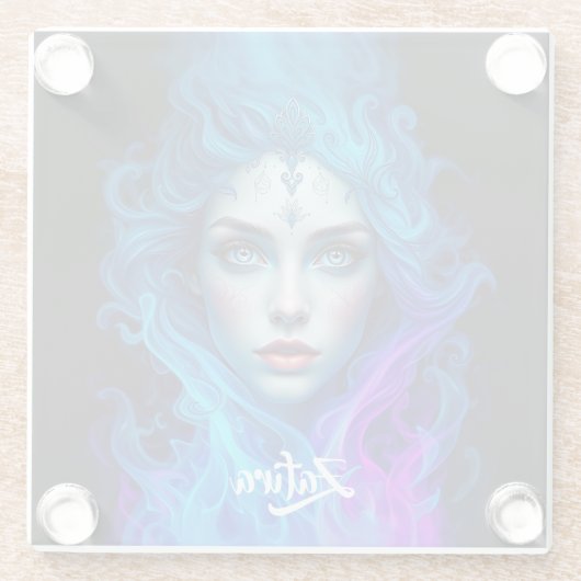 Dessous-de-verre En Verre Mystery Woman Emerging from Blue & Purple Flames (Dos)