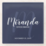 Dessous-de-verre En Verre Navy Blue Modern Script Accueil Bridesmaitres<br><div class="desc">Ajoutez une touche personnelle à votre mariage grâce à un dessous de verre en verre personnalisé. Ce dessous de verre présente le nom personnalisé de la demoiselle d'honneur en blanc style de police de script moderne et monogramme en bleu marine clair style de police de script moderne comme arrière -...</div>