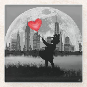 Dessous-de-verre En Verre NEW YORK Full Moon Girl avec ballon en forme de cœ