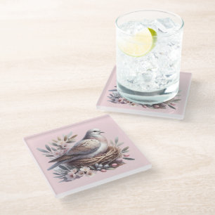Dessous-de-verre En Verre Nid de colombe rousse avec fleurs et branches d'ol
