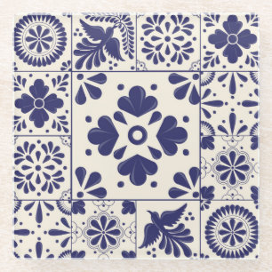 Dessous-de-verre En Verre Nil Bleu Mexicain traditionnel Talavera Floral