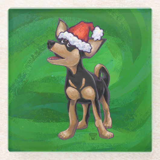 Dessous-de-verre En Verre Noël Chihuahua sur vert (Devant)