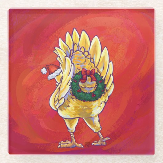 Dessous-de-verre En Verre Noël de poulet en rouge (Devant)