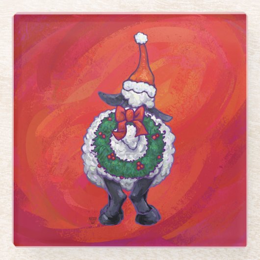 Dessous-de-verre En Verre Noël des moutons sur rouge (Devant)