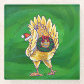 Dessous-de-verre En Verre Noël Du Poulet Sur Vert (Devant)