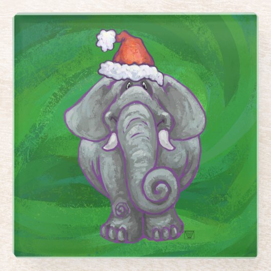 Dessous-de-verre En Verre Noël Eléphant Sur Vert (Devant)