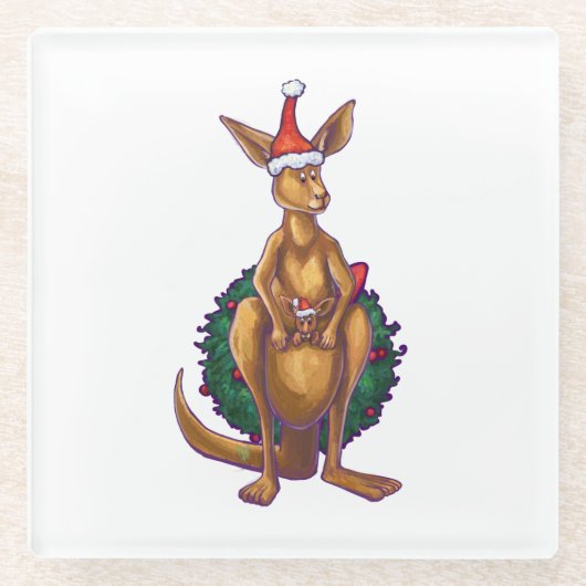Dessous-de-verre En Verre Noël Kangaroo sur le dos vert peint (Devant)