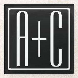 Dessous-de-verre En Verre Noir & Blanc   Initiales de couple