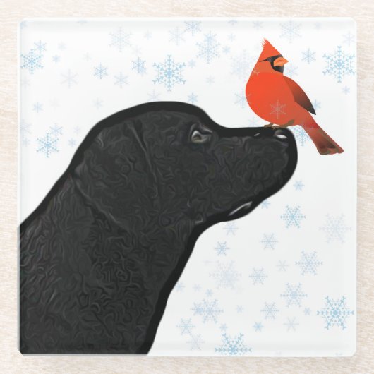 Dessous-de-verre En Verre Noir Labrador Noël et cardinal (Devant)