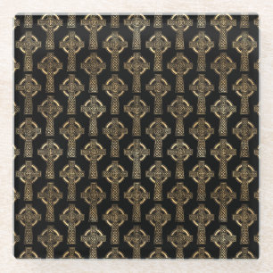 DESSOUS-DE-VERRE EN VERRE NOIR & OR ROUGE CELTIQUE IRLANDAIS NOTES & CROSSES