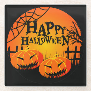 DESSOUS-DE-VERRE EN VERRE NOIR & ORANGE ÉFFRAYANT HAPPY HALLOWEEN CITROUILLE