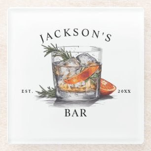 Dessous-de-verre En Verre Nom de cocktail de whisky élégant & année du bar à