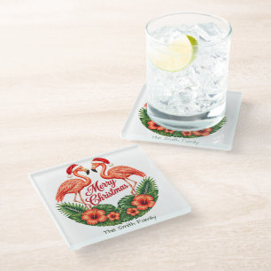 Dessous-de-verre En Verre Nom de famille personnalisé Flamingo Tropical Noël