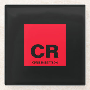 Dessous-de-verre En Verre Nom du monogramme Noir Rouge Créer un cadeau perso