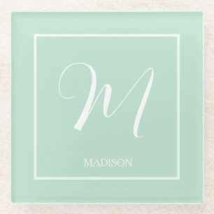 Dessous-de-verre En Verre Nom du monogramme personnalisé vert Seafoam