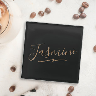 Dessous-de-verre En Verre Nom du script féminin en or noir moderne