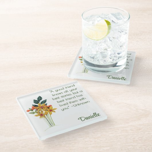 Dessous-de-verre En Verre Nom, Fleurs moulées en papier, Citation d'amitié (Incliné)