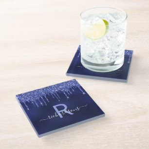 Dessous-de-verre En Verre Nom monogramme de la parties scintillant bleue mar