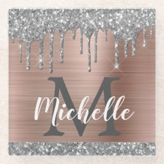 Dessous-de-verre En Verre Nom Monogramme Rose Gold Gouttes de Paillettes Arg