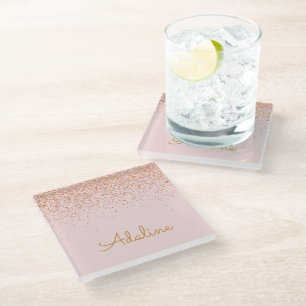 Dessous-de-verre En Verre Nom personnalisé avec monogramme et paillettes dor