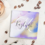 Dessous-de-verre En Verre Nom personnalisé Monogram Purple Aquarelle Luxe<br><div class="desc">Personnalisez facilement ce style glamour abstrait couleur lilas peinture et faux or spray arrière - plan avec vos détails personnalisés.</div>